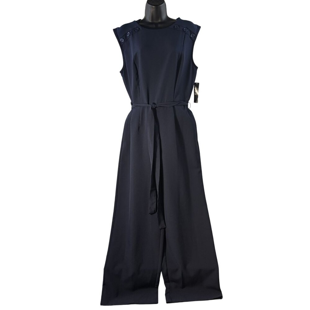 Sleeveless Navy Blue Wide-Leg Jumpsuit With Button Details & Belted Waist - Picture 1 of 8